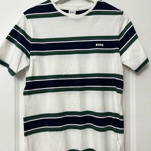 Boss Boy’s Short Sleeve Tee - Navy, Green, and White Stripes